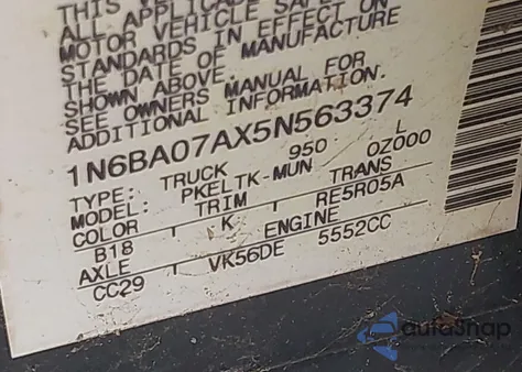 2005 Nissan Titan Se from USA, damaged, VIN 1N6BA07AX5N563374